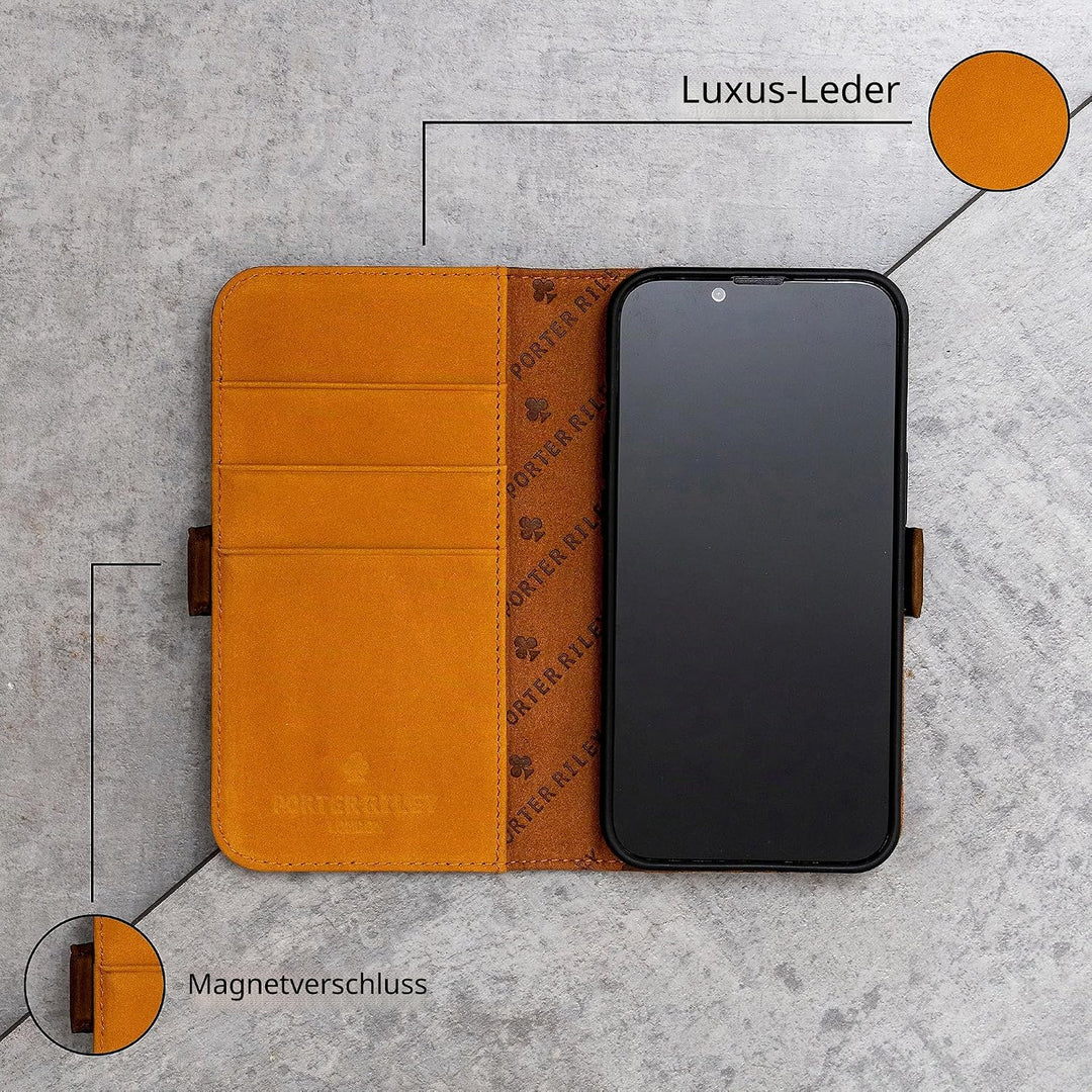 Porter Riley - Lederhülle für iPhone 14 Pro. Premium Echtleder Standhülle/Ledertasche/Brieftasche mi