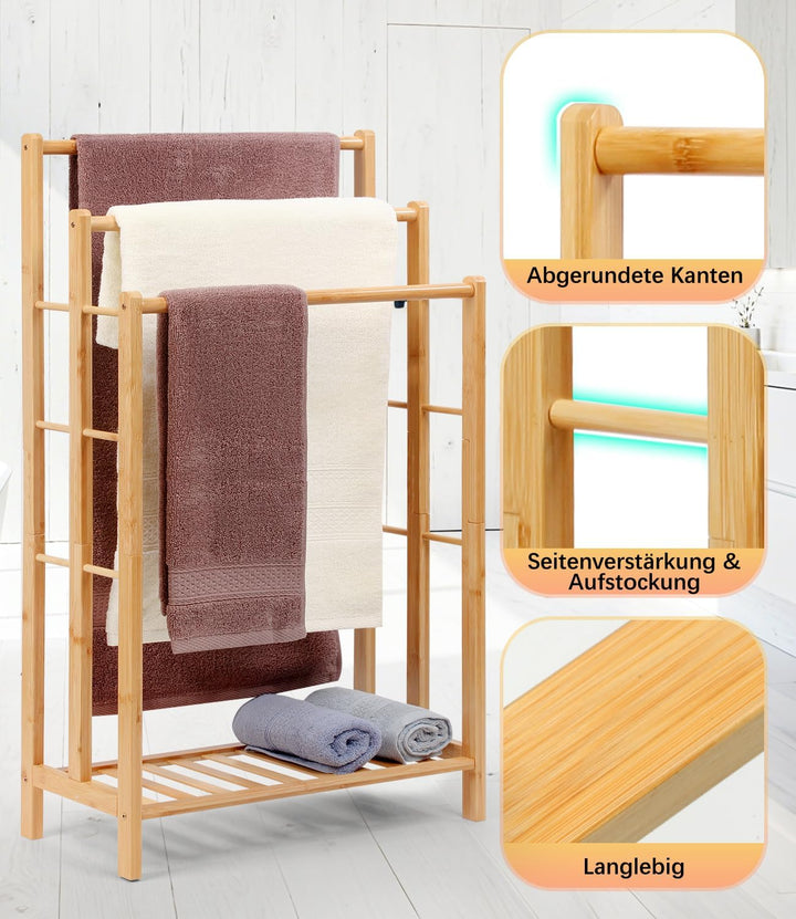 Bambus Handtuchständer mit Ablage, Handtuchhalter Freistehend, Handtuchleiter stehend mit 3 stangen,