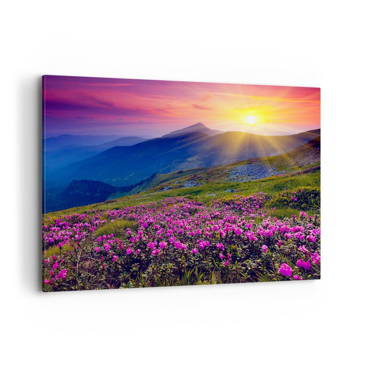 ARTTOR Bilder auf Leinwand 100x70cm Leinwandbild Wiese Berge Landschaft Gross Wanddeko Bild Schlafzi