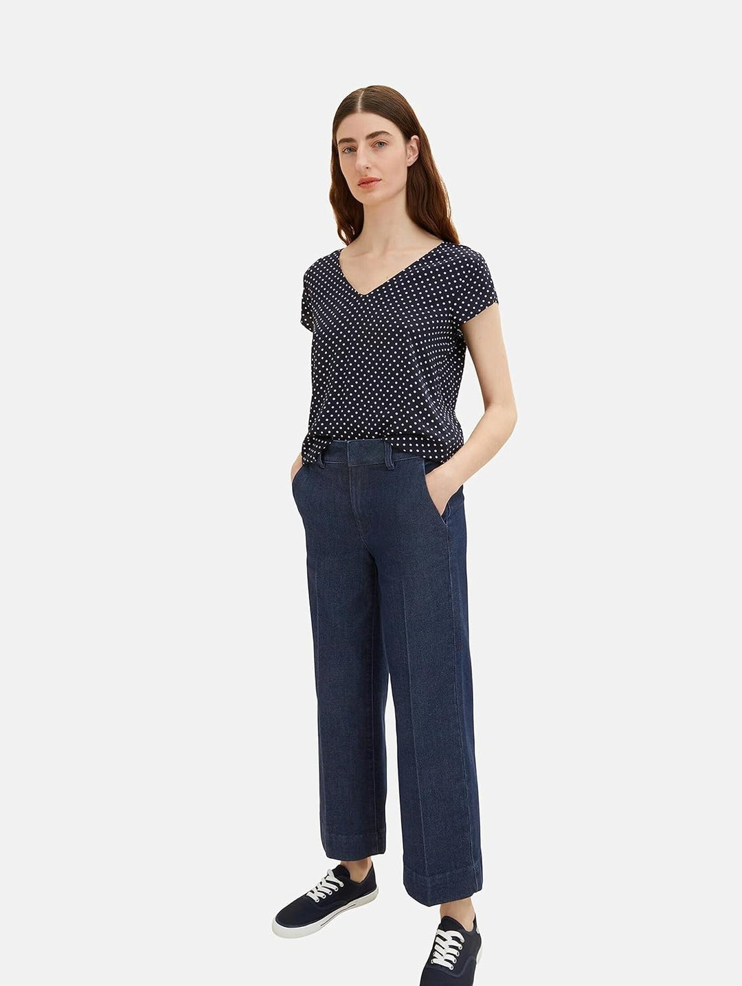 TOM TAILOR Damen Basic Bluse mit V-Ausschnitt 34 32086 - Small Navy Dot Design, 34 32086 - Small Nav