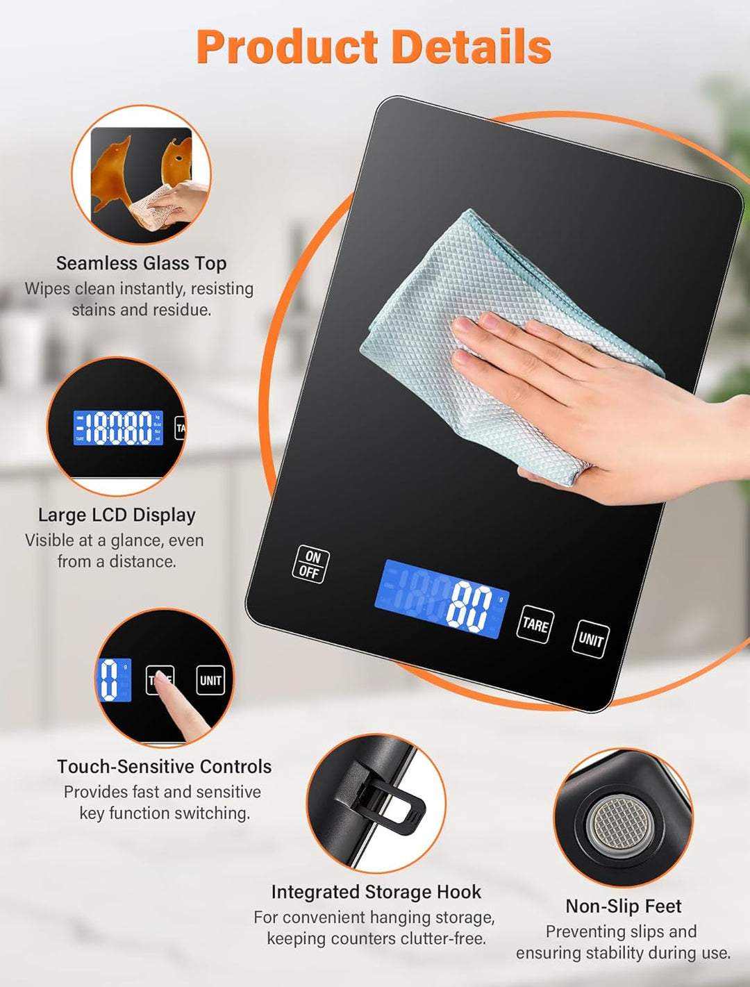 15kg Küchenwaage, Wiederaufladbare Digitale Küchenwaage, Glas Essenswaage mit LCD Display, Tara-Funk
