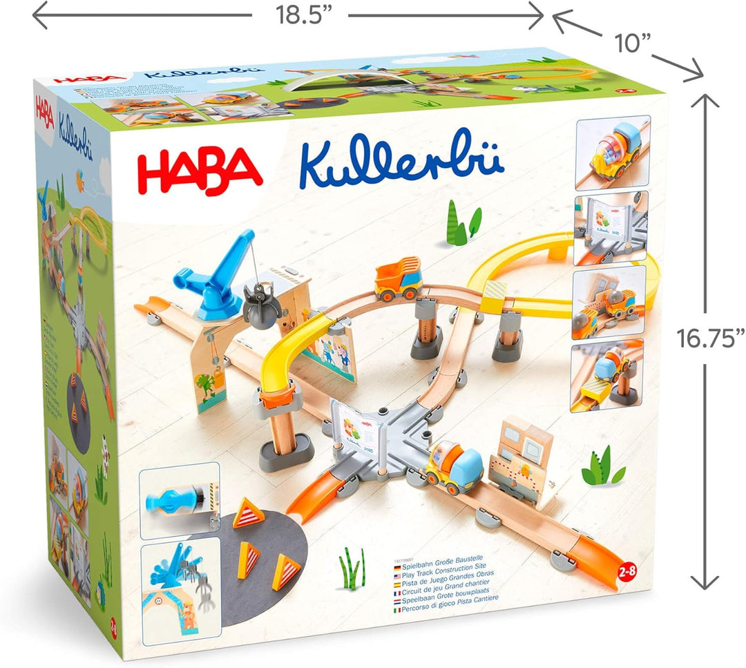 HABA Kullerbü Spielbahn Grosse Baustelle - Bunte Holz-Kugelbahn mit Fahrzeugen - Erweiterbares Klick