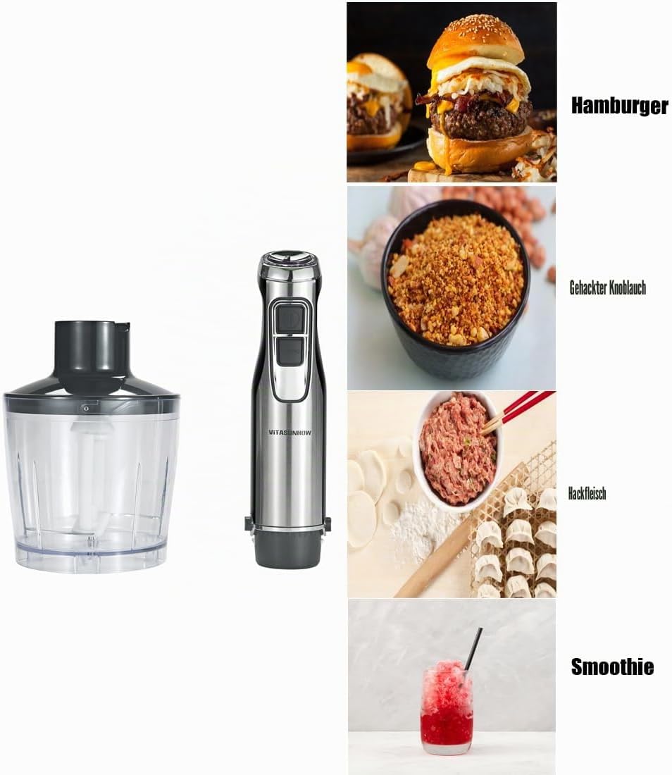 800W Stabmixer, 4-IN-1 Edelstahl Multifunktionsmixer mit Pürierstab 600ml Mixbecher 500ml Lebensmitt
