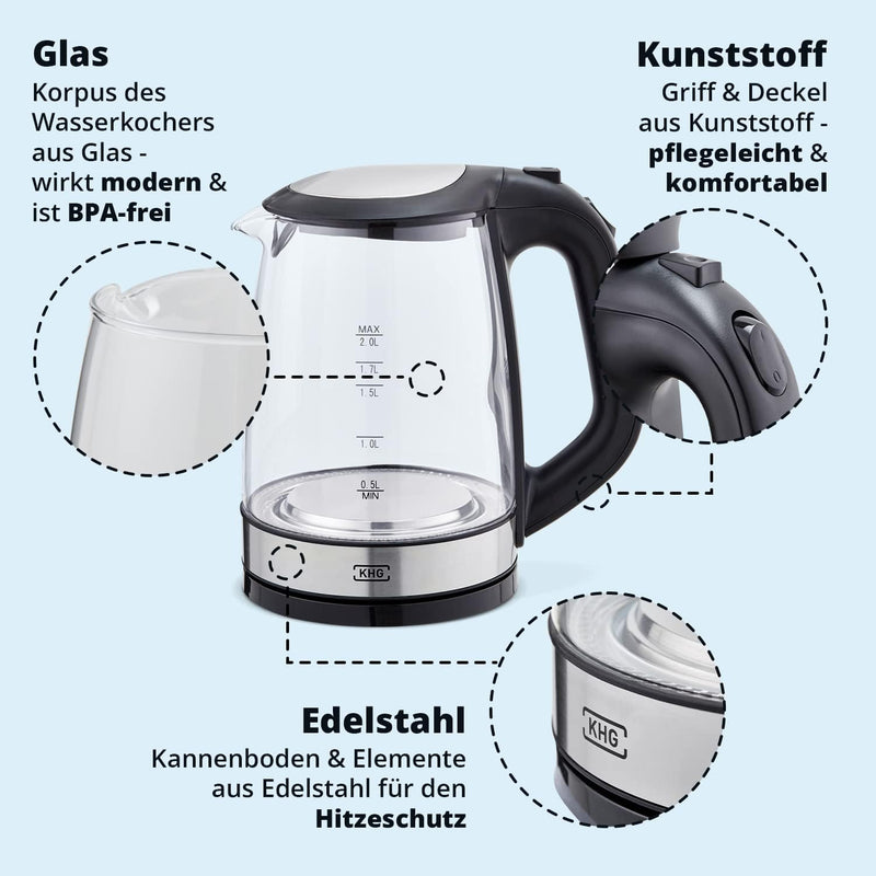 KHG Wasserkocher WK-1706 GES Glas, 2 Liter, LED Beleuchtung, Kalkfilter, Wasserstandsanzeige, Öffnen