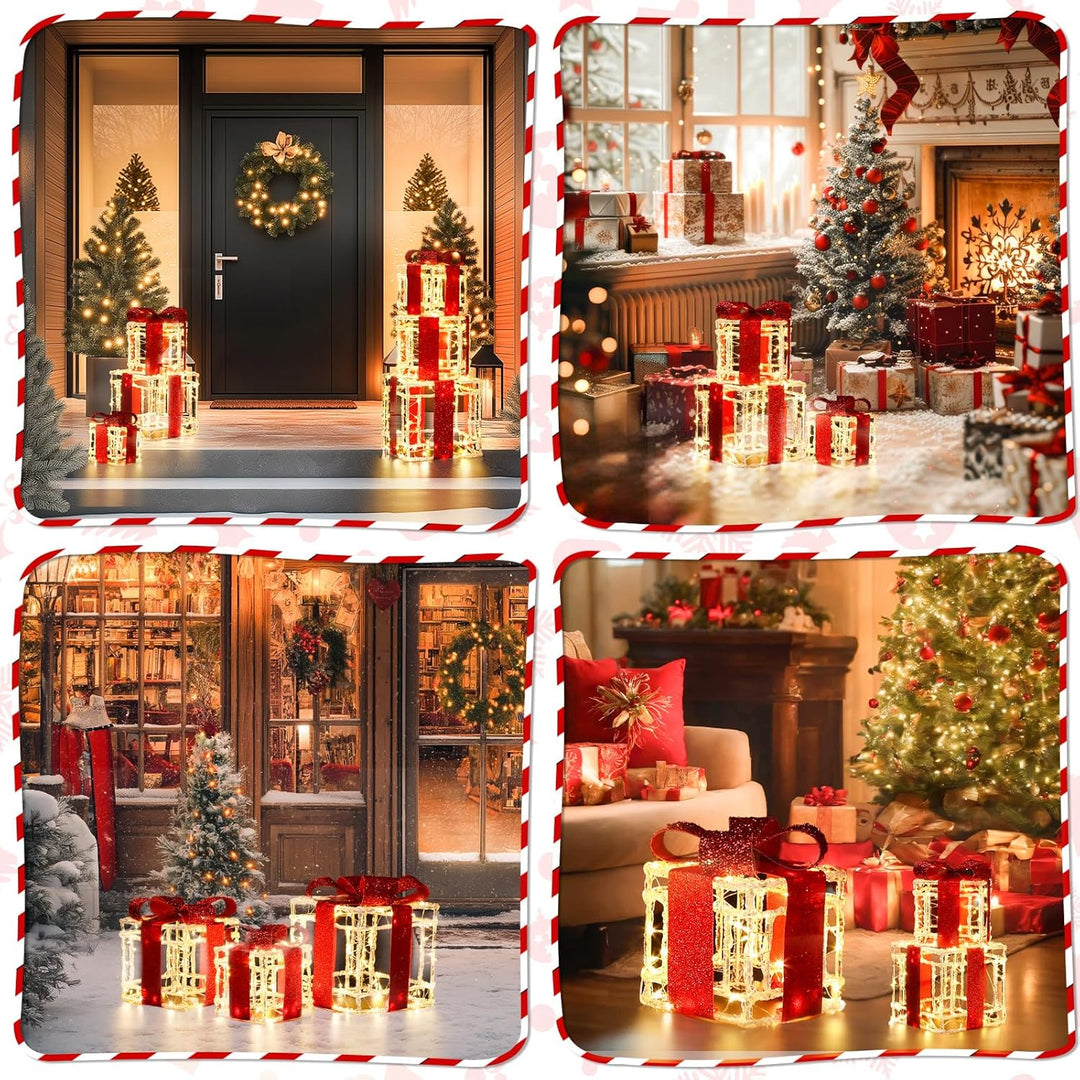 Quntis 3 Set LED Geschenkbox Weihnachten, 215 warmweisse LED beleuchtete Boxen, Weihnachtsdeko Innen