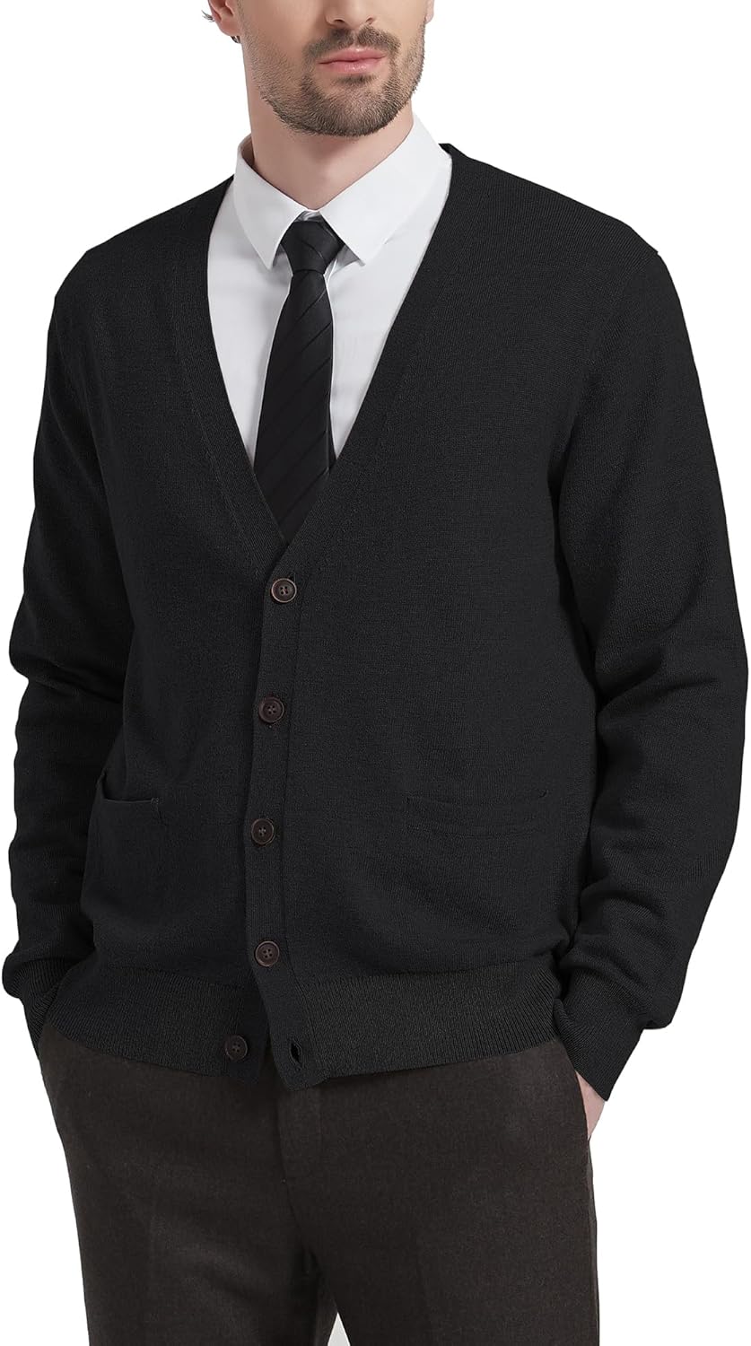 Kallspin Herren Strickjacke aus Wollmischung V-Ausschnitt Cardigan mit Knopfverschluss und Taschen 3