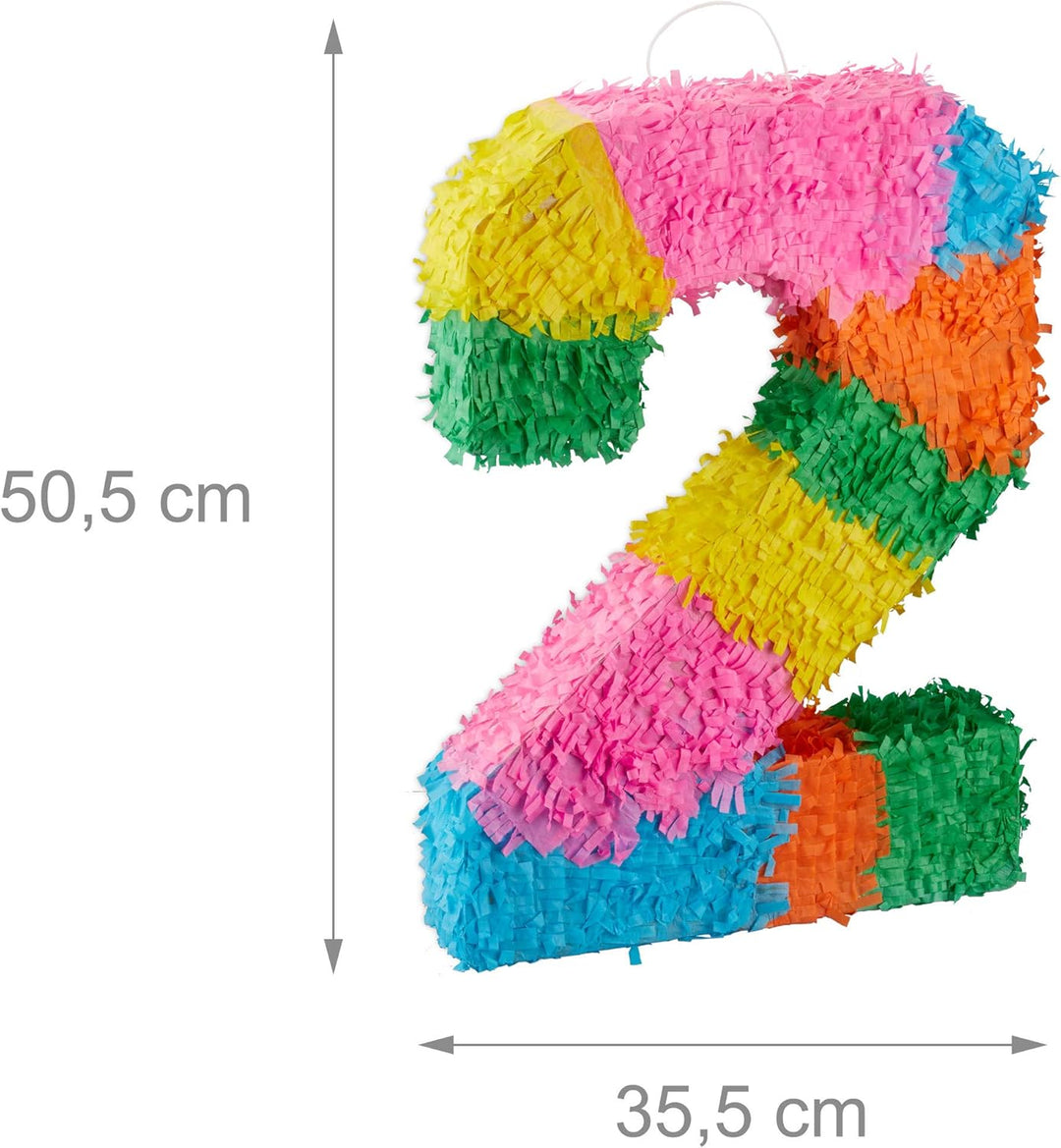 Relaxdays 4 TLG. Pinata Set Geburtstag Zahl 2, XXL Konfetti Sack, Pinatastab mit Augenmaske, Geburts