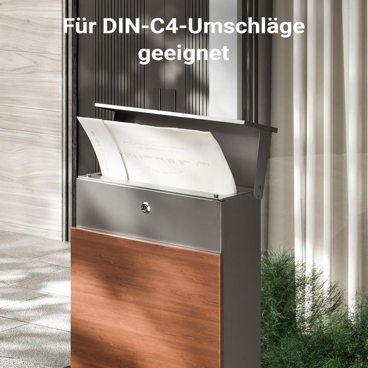 Wiltec Standbriefkasten mit Zeitungsrolle in Holzoptik 395 x 142 x 1150 mm aus Stahl, Briefkasten mi