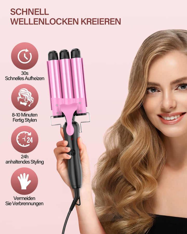 Lockenstab 3 Fässer Beach Waves Welleneisen für Haare, 25mm Kleine Locken Keramik Lockeneisen-Temper