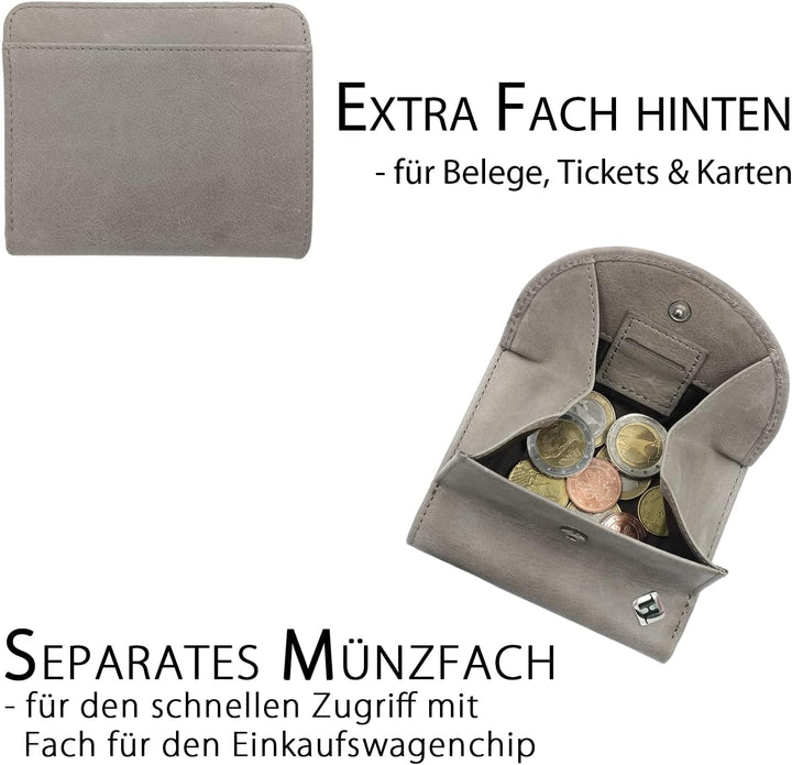 Geldbörse Damen klein viele Fächer, Reise Portemonnaie, Leder grau, RFID Blocker, Münzfach | Wiener