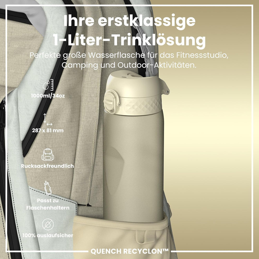 ion8 1 Liter Trinkflasche, 1000ml, Auslaufsicher, Einhandöffnung, Sichere Verriegelung, Spülmaschine