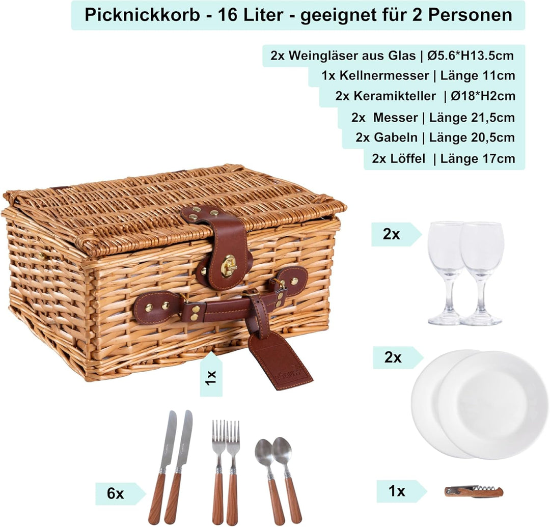 eGenuss Handgefertigtes Picknickkorb für 2 Personen – Kühlfach, Multifunktionsmesser, Edelstahlbeste