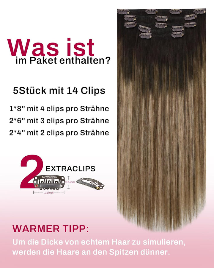 Moresoo Extensions Echthaar Clip Balayage Remy Clip in Extenson Echthaar Ombre Doppelt Tressen Haarv