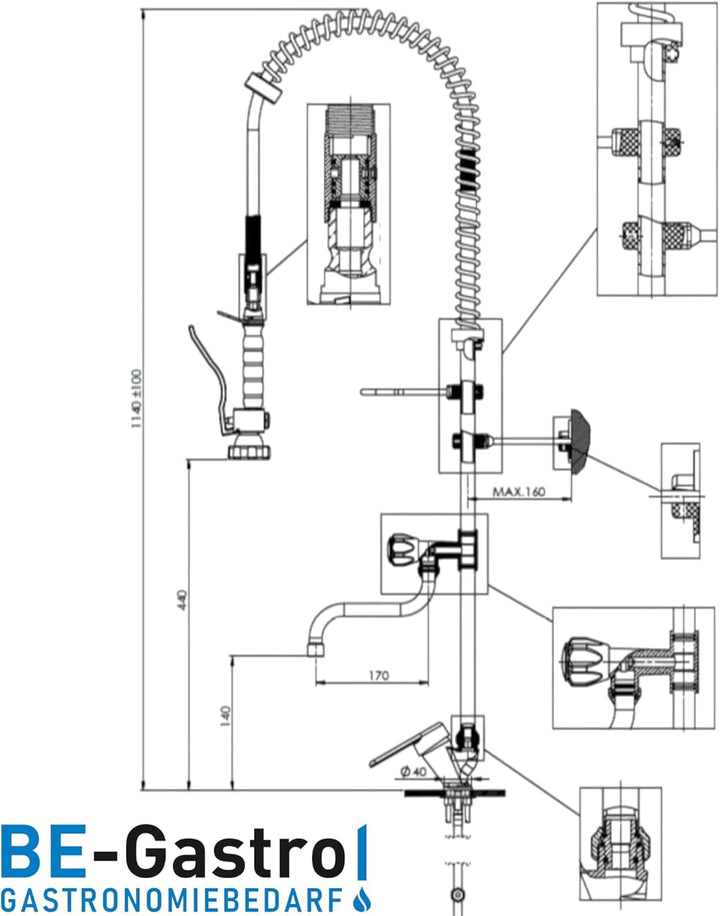 BE-GASTRO I Profi Gastro Geschirrbrause Einloch "Premium" Hebelgriff inkl. Wasserhahn, Mischbatterie