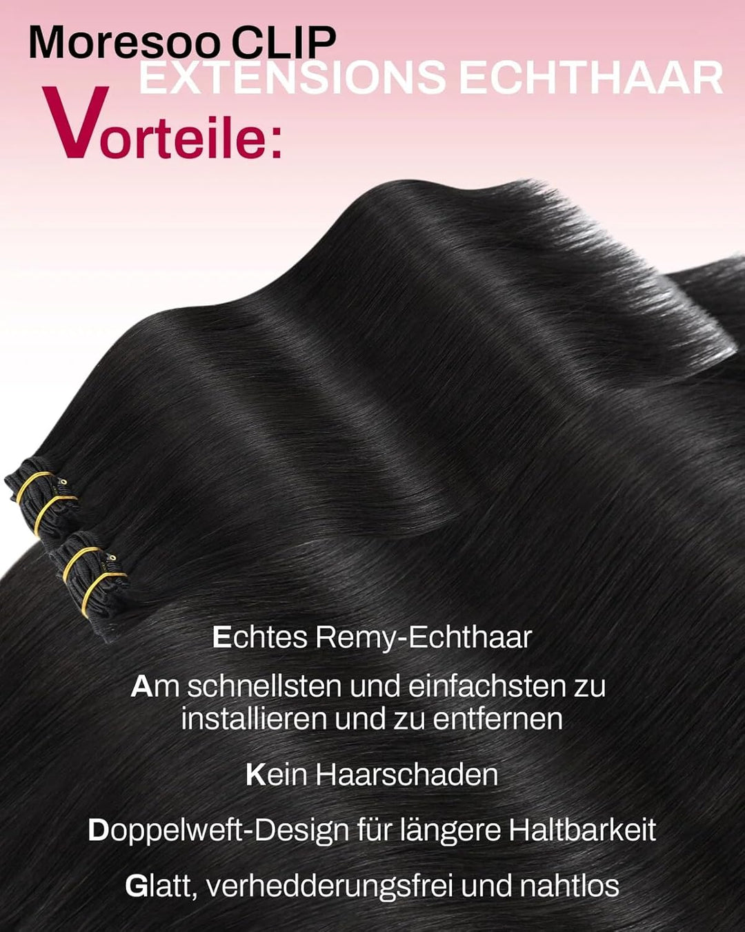 Moresoo Clip in Extensions Echthaar Schwarz Haarverlängerung Echthaar Clip Natürlich Echthaar Extens