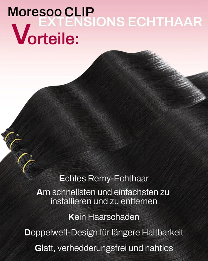 Moresoo Clip in Extensions Echthaar Schwarz Haarverlängerung Echthaar Clip Natürlich Echthaar Extens