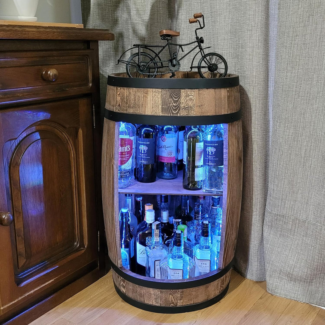 weeco Weinfass als Weinregal - Weinschrank Barschrank LED-Leuchten, Bar Tisch aus Holzfass, Wein Rac