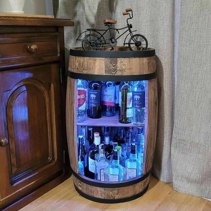 weeco Weinfass als Weinregal - Weinschrank Barschrank LED-Leuchten, Bar Tisch aus Holzfass, Wein Rac