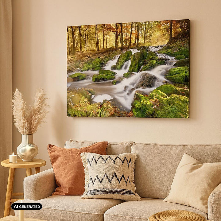 ARTTOR Bilder auf Leinwand 100x70cm Leinwandbild Sonne Berg Bach Park Gross Wanddeko Bild Schlafzimm