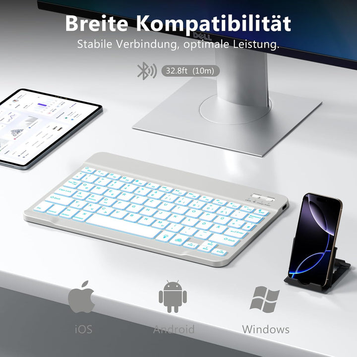 Vobafe Bluetooth Tastatur mit Telefonhalter für iPad Air/Pro/Mini/A16/11/10.9/10.2/iPhone, Kabellose