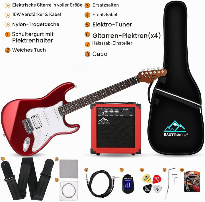 EASTROCK E Gitarre Set E Guitar 39 Zoll Elektrogitarre mit 10-W-Verstärker,Tasche, Kapodaster, Schul