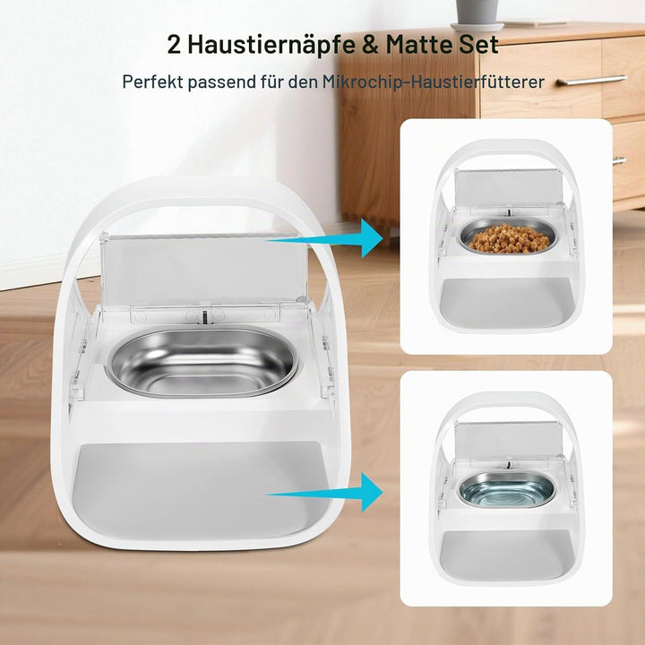 Edelstahl Napf und Matte Set kompatibel mit Mikrochip-Futterautomaten, 2 Edelstahl Napf und 1 Matte