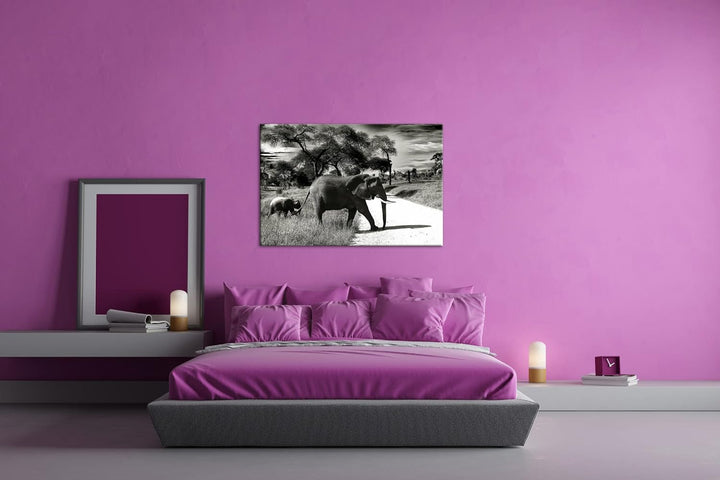 deyoli Elefantenfamilie in der Savanne Format: 100x70 als Leinwand, Motiv fertig gerahmt auf Echthol