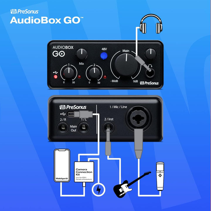 PreSonus AudioBox GO, USB C Audio-Interface für die Musikproduktion inklusive Aufnahmesoftware (DAW)
