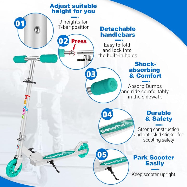 BELEEV Roller Kinder 2 Räder, Klappbar Kinderroller für Mädchen Jungen, Tretroller mit LED Leuchtend