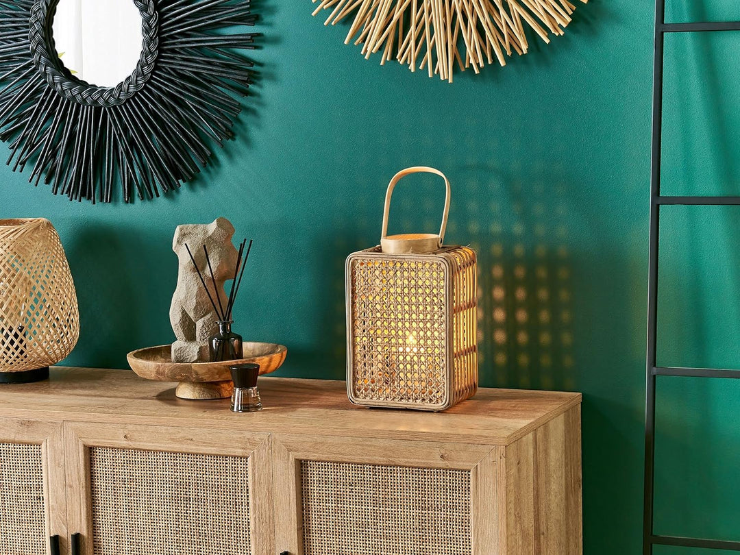 Laterne Rattan natürlich rechteckig 28 cm mit Griff Glaseinsatz Deko Boho Bantul