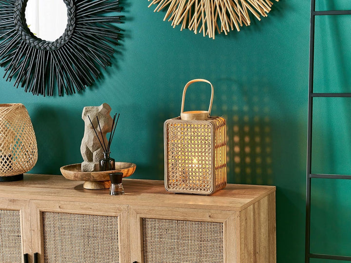 Laterne Rattan natürlich rechteckig 28 cm mit Griff Glaseinsatz Deko Boho Bantul