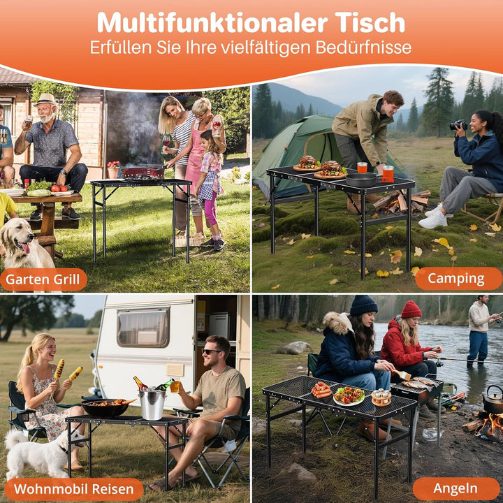 FUNYKICH 3ft Tragbarer Grilltisch 90 x 40cm, Campingtisch Outdoor Klappbar mit 3 Höhen Verstellbarer