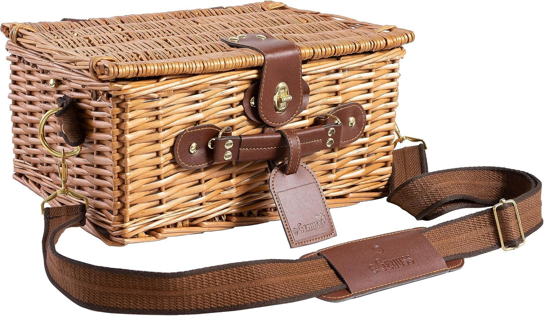 eGenuss 2er-Set handgefertigtes Picknickkorb für 2 Personen mit abnehmbarem Schultergurt, Kühlfach,
