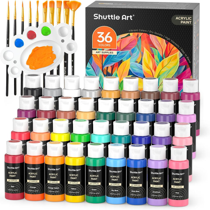 Shuttle Art Acrylfarben Set, 36 Acryl farben in Flaschen (je 60ml) mit 12 Pinselset & 1 Palette, ung