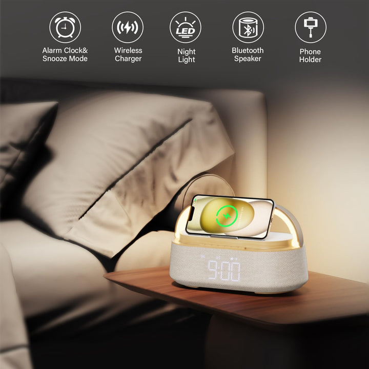 COLSUR Radiowecker Digital mit Wireless Charger, Bluetooth Lautsprecher mit USB-Ladegerät, Smart Wec