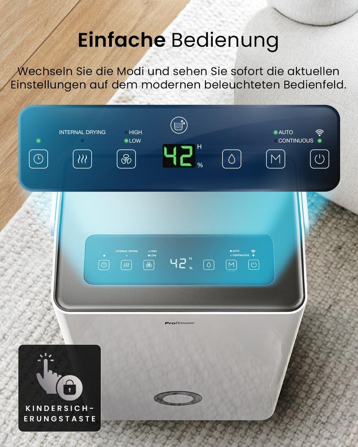 Pro Breeze Luftentfeuchter 30L in 24h Entfeuchtungsleistung - Elektrischer Luftentfeuchter mit WLAN