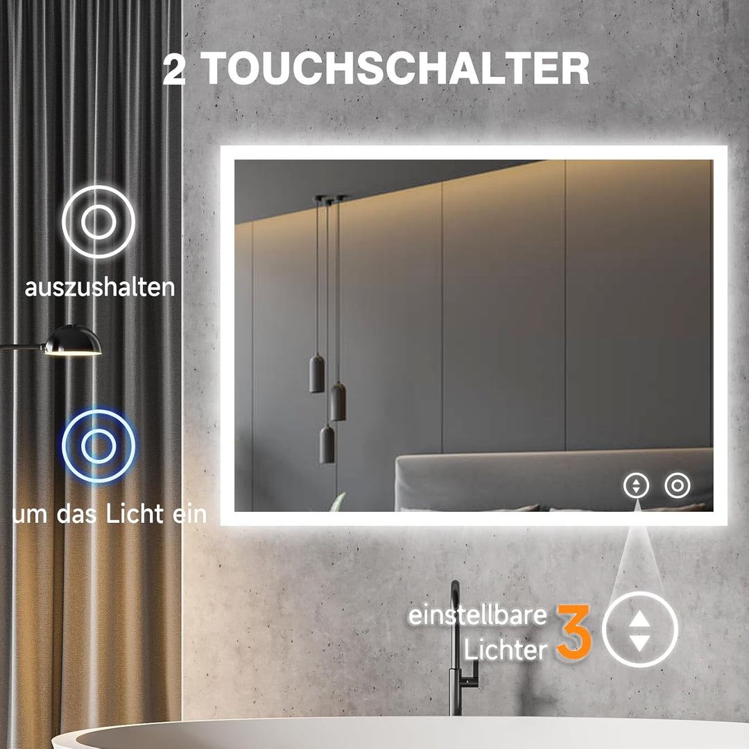 YOLEO Badspiegel mit Beleuchtung 80x60cm, Wandspiegel mit Steckdose, Badezimmerspiegel LED mit Touch