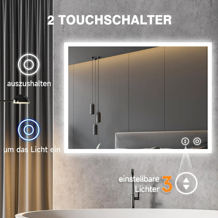 YOLEO Badspiegel mit Beleuchtung 80x60cm, Wandspiegel mit Steckdose, Badezimmerspiegel LED mit Touch