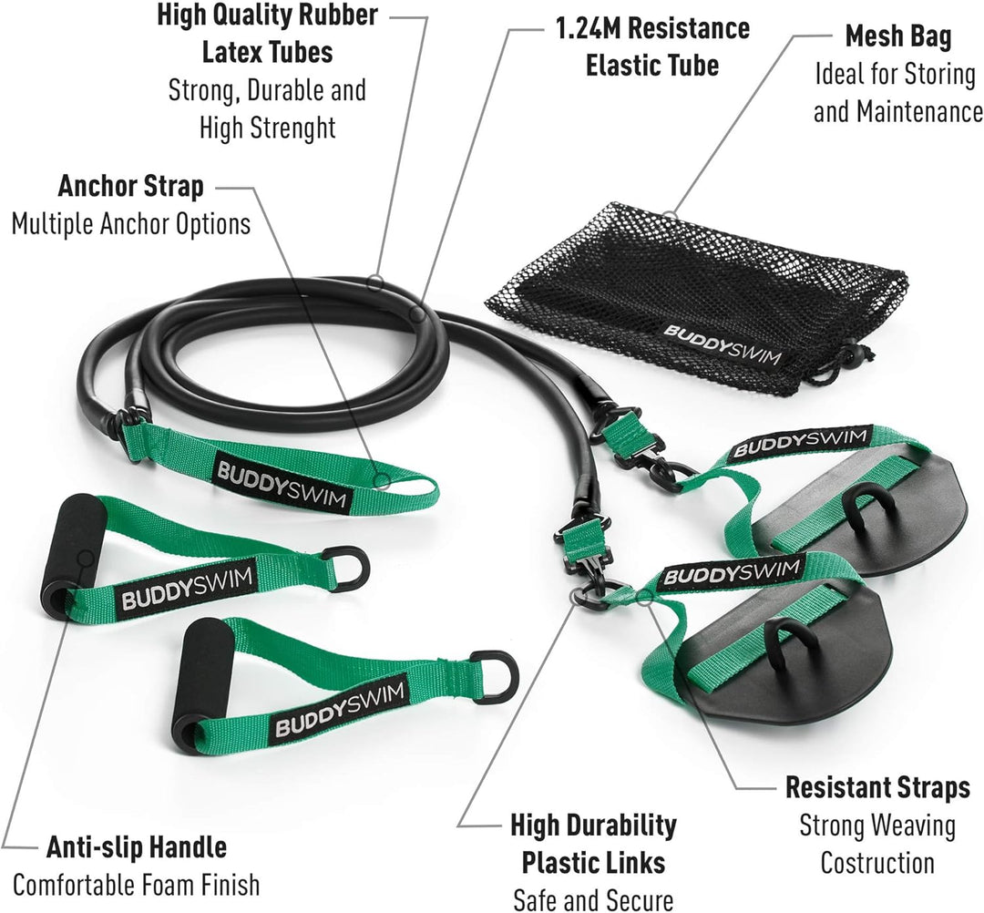 Buddyswim Super Stroke Dryland Cords Widerstandsgummis mit austauschbaren Griffen und Paddles. Elast