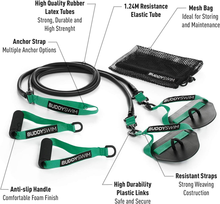 Buddyswim Super Stroke Dryland Cords Widerstandsgummis mit austauschbaren Griffen und Paddles. Elast