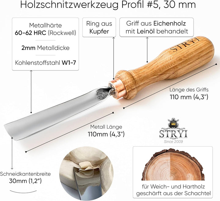 STRYI Profi Holzschnitzwerkzeug – Hohleisen Profil #5 – Handgeschmiedet, 30 mm – Premium Schnitzmeis