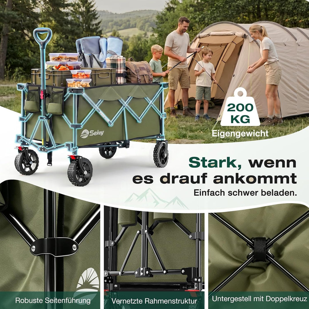Sekey XXL Plus Bollerwagen Faltbar 200L 200KG Tragkraft, Faltbarer Bollerwagen Geländetauglich mit B