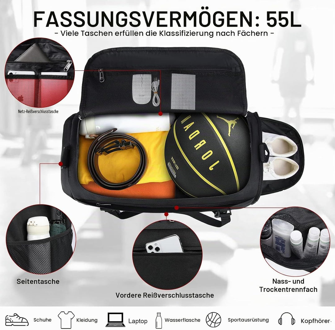 RAINSMORE Sporttasche Herren Damen Reisetasche Gross 55L Wasserdicht mit Schuhfach Nassfach Weekende