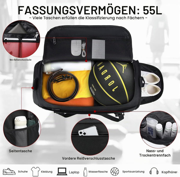 RAINSMORE Sporttasche Herren Damen Reisetasche Gross 55L Wasserdicht mit Schuhfach Nassfach Weekende