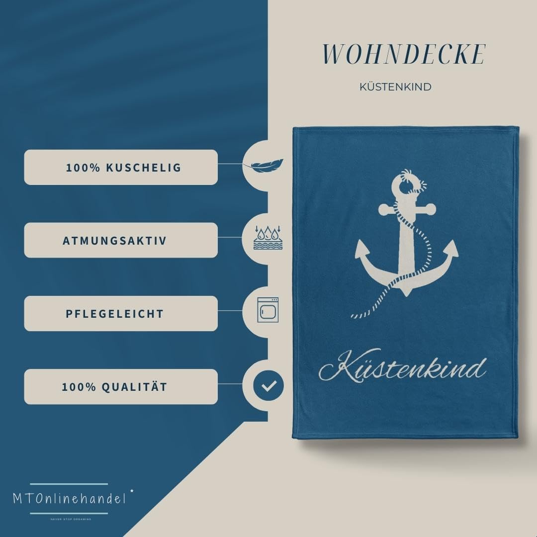 MTOnlinehandel Kuscheldecke flauschig 150x200 cm, Maritime Wohndecke Anker Küstenkind, Sofadecke, Ta