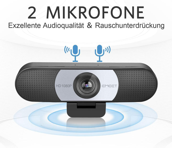 EMEET Full HD Webcam - C960 1080P Webcam mit Objektivabdeckung & Dual Mikrofon, 90 ° Streaming Kamer