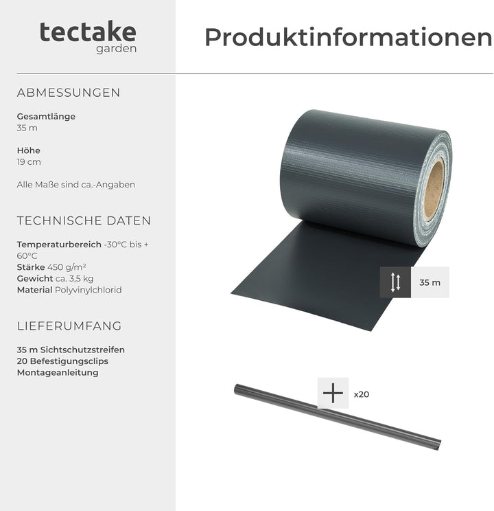 TecTake PVC Sichtschutzfolie Sichtschutzstreifen inkl. Befestigungsclips 450g/m² - Diverse Modelle -