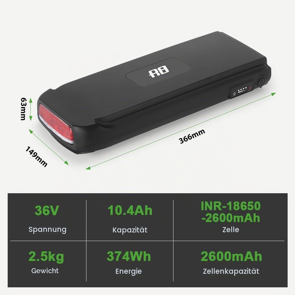 E-Bike Battrie 36V 10,4Ah Li-ion Akku mit Ladegerät für 250W-500W Elektrofahrrad Pedelec Phylion Joy