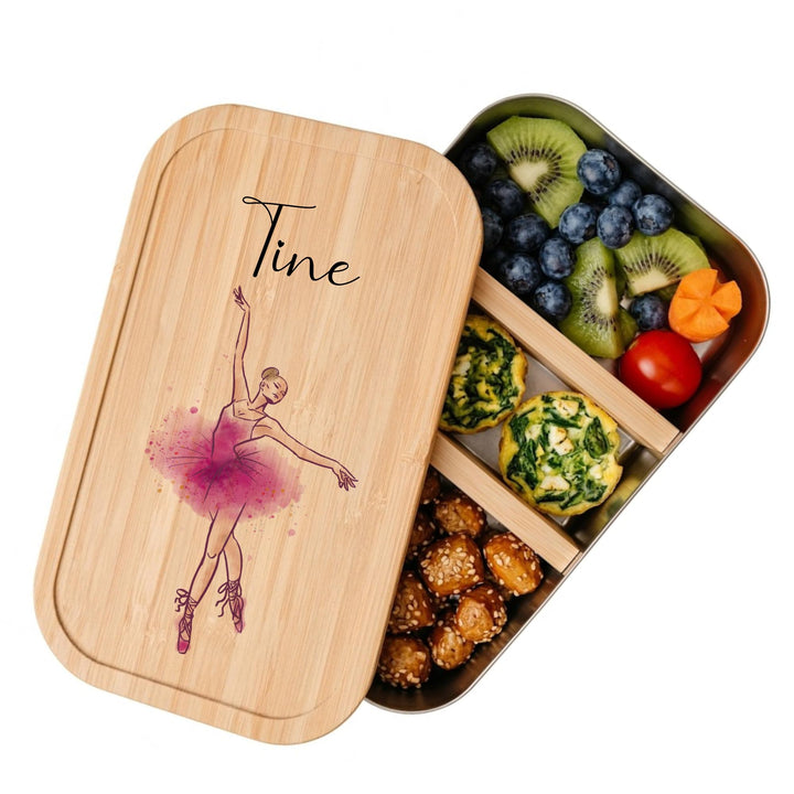 Manufaktur Liebevoll - Personalisierte Brotdose mit Fächern, Edelstahl Lunchbox mit Bambus Deckel u.