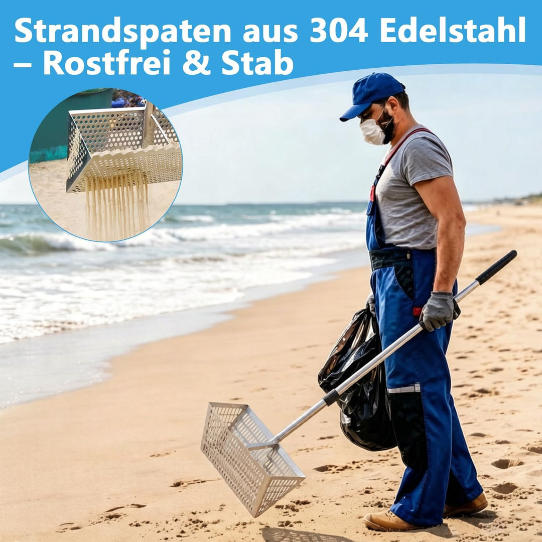 Sandflohrechen für den Strand, Sandschaufel und -sieb aus Edelstahl, extra grosser, 40 cm breiter Re